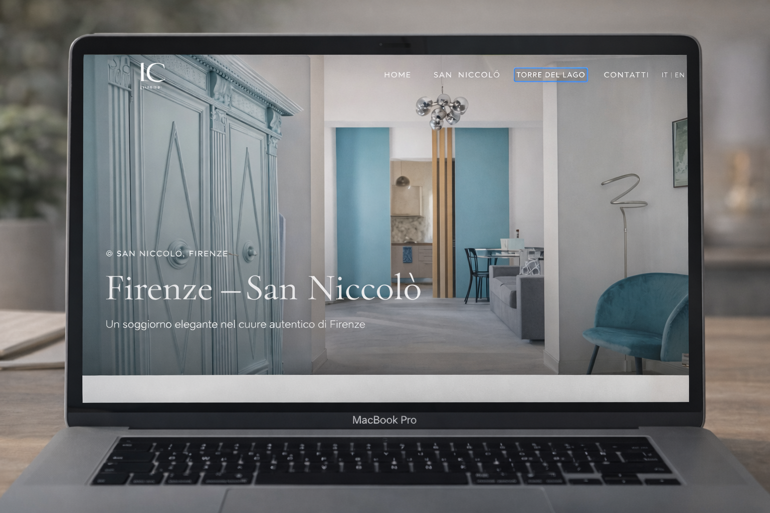 Sito LC Living visualizzato su MacBook Pro — pagina struttura San Niccolò a Firenze